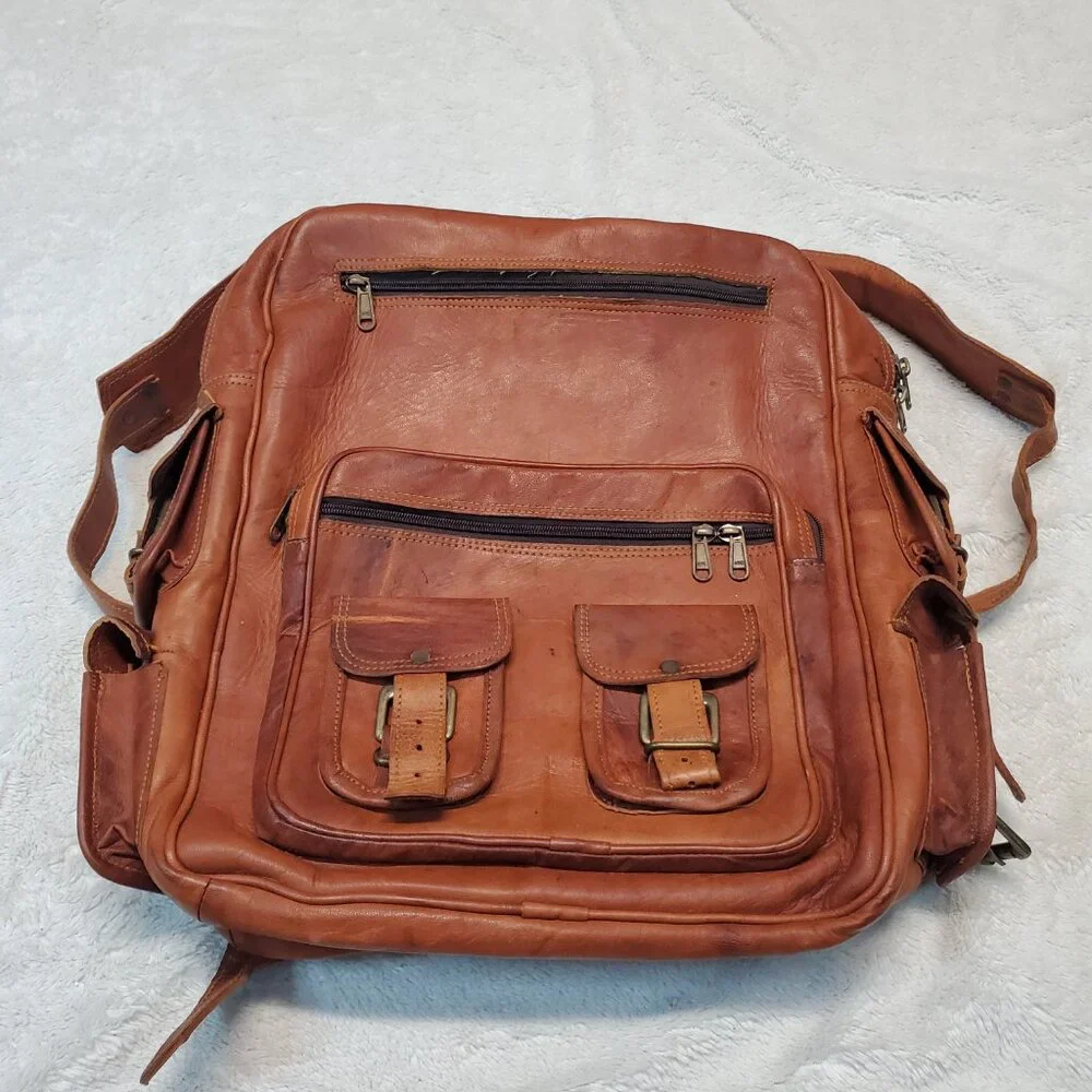 Vintage Tan Leather Large Bag Backpack Classic Bohemian Retro Academia Statement
